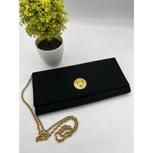 Vintage Scepi Italy Black Satin Evening Clutch Gold Face Medallion Chain Bag